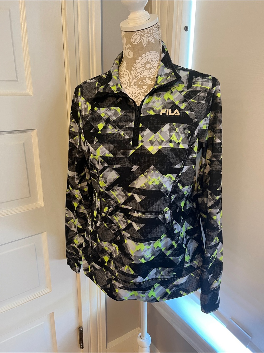 Size S Fila Black Gray Neon Green Yellow Geometric Half-Zip Pullover Sweatshirt